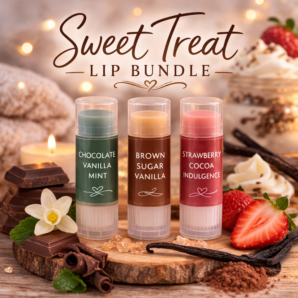 Three lip balm tubes labeled 'Chocolate Vanilla Mint', 'Brown Sugar Vanilla', and 'Strawberry Cocoa Indulgence' on a wooden board with vanilla beans and strawberries.
