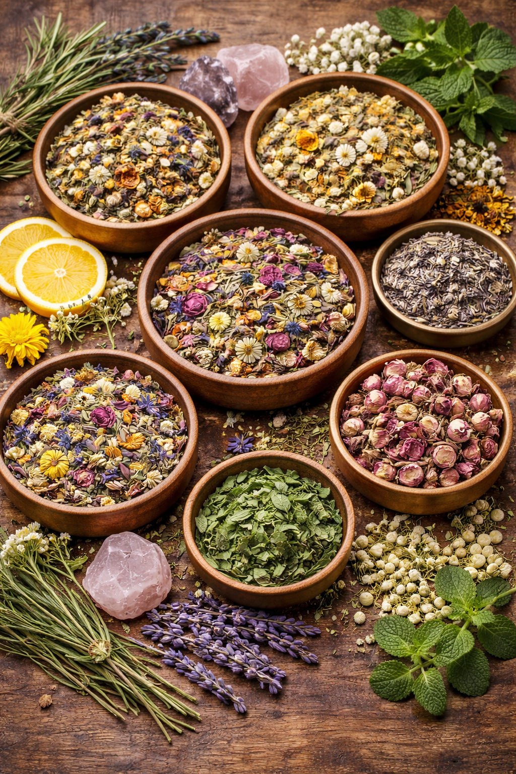 Wooden bowls filled with various dried herbs and flowers on a wooden surface.