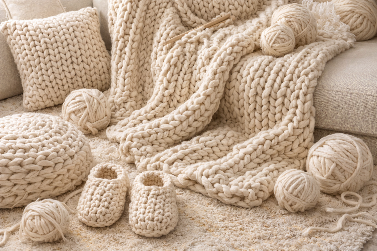 Knitted items including a blanket, yarn, and slippers on a soft surface.