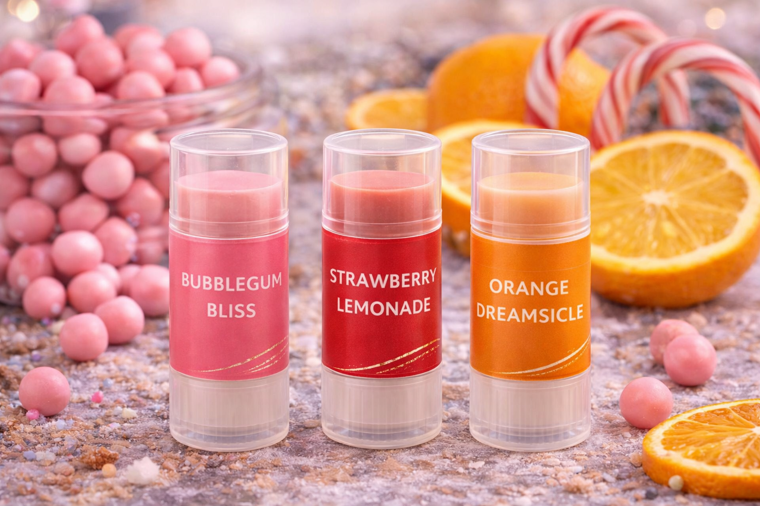 Three lip balm tubes labeled 'Bubblegum Bliss', 'Strawberry Lemonade', and 'Orange Dreamsicle' with candy and fruit in the background.