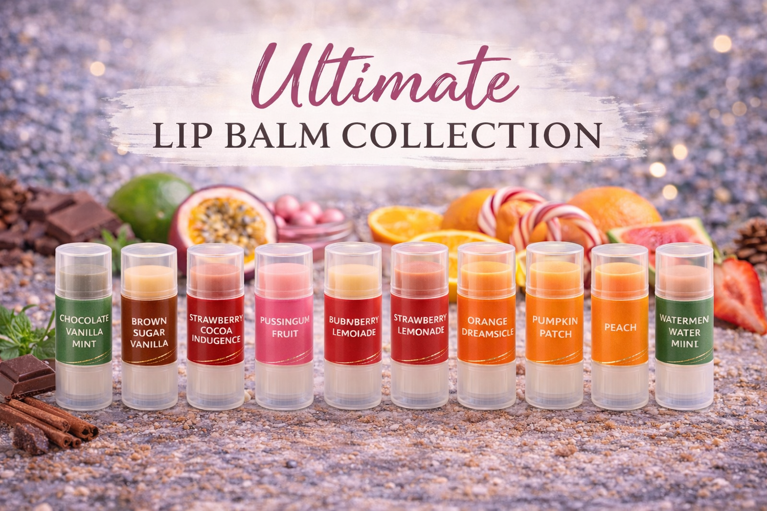 Collection of lip balms with flavors labeled on a rustic background with fruits and spices.