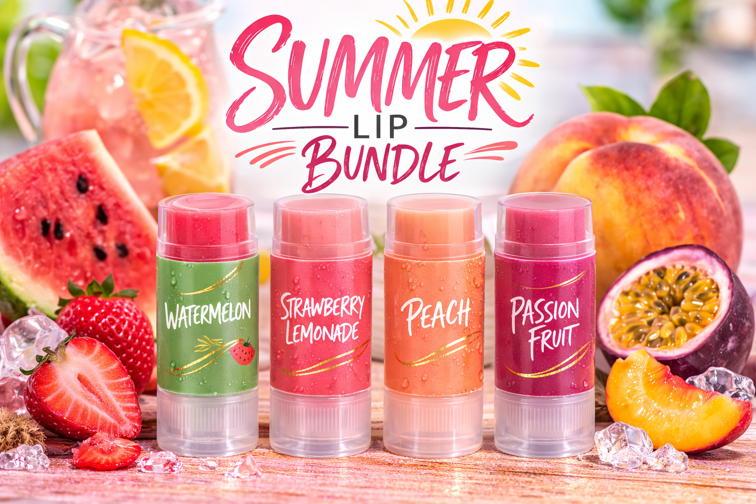 Four lip balms in different flavors with summer-themed fruits and text on a wooden surface.