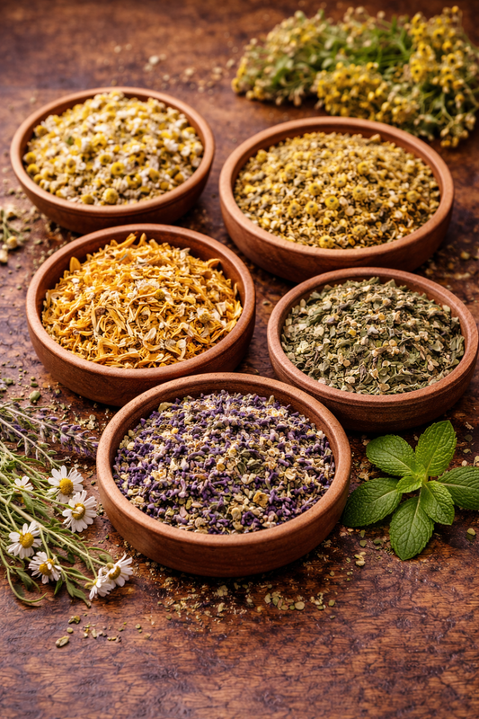 Five wooden bowls filled with different dried herbs on a wooden surface.