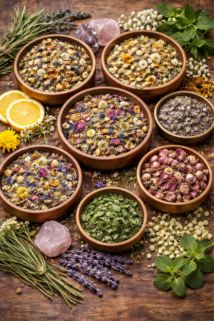 Wooden bowls filled with various dried herbs and flowers on a wooden surface.