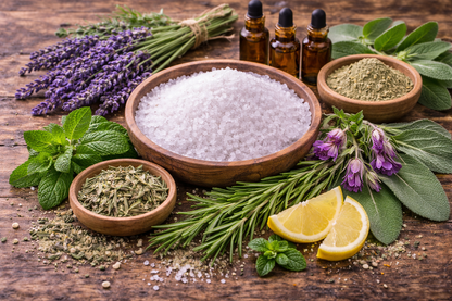 Herbal ingredients including lavender, lemon, and various dried herbs on a wooden surface.