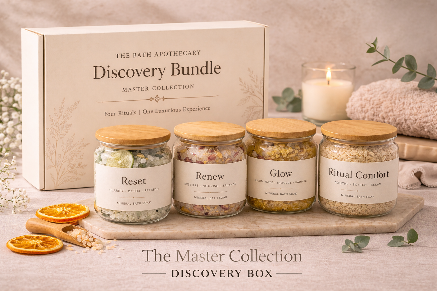 The Bath Apothecary Discovery Bundle Master Collection with jars labeled 'Reset', 'Renew', 'Glow', and 'Ritual Comfort' on a wooden board.
