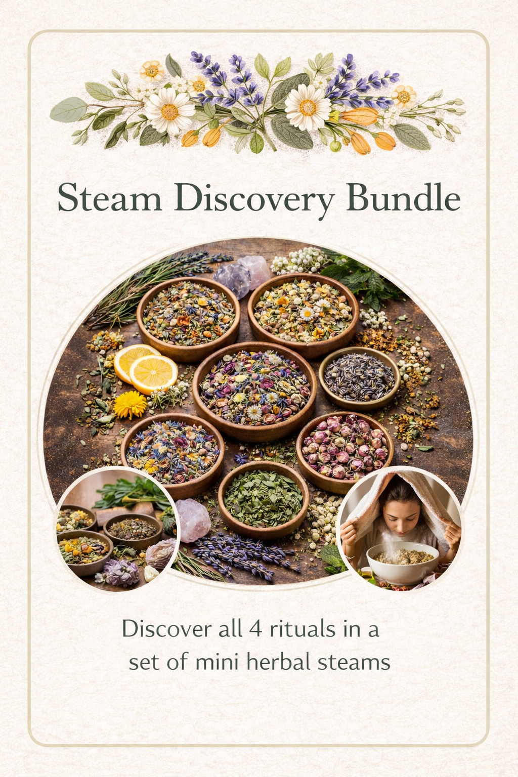 Promotional graphic for 'Steam Discovery Bundle' with herbs and flowers on a wooden surface.
