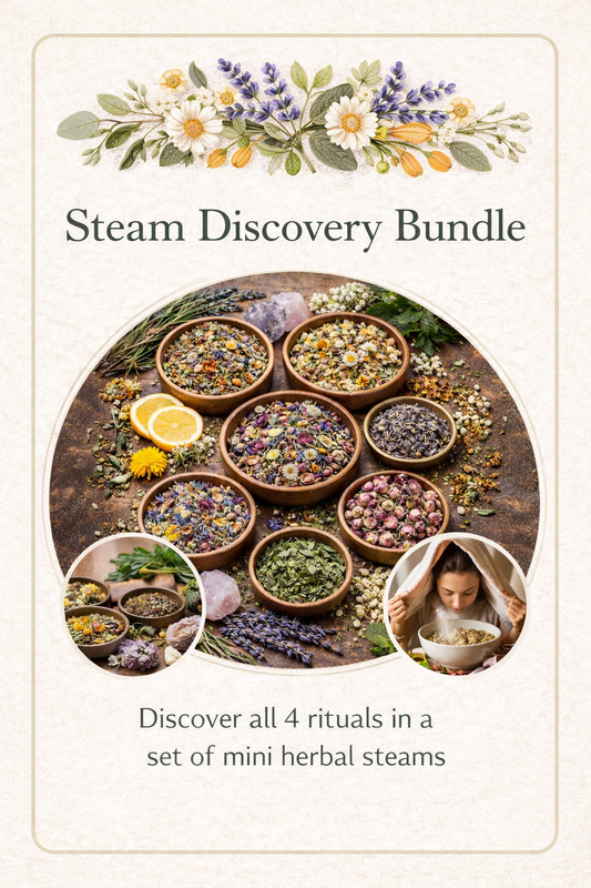 Promotional graphic for 'Steam Discovery Bundle' with herbs and flowers on a wooden surface.