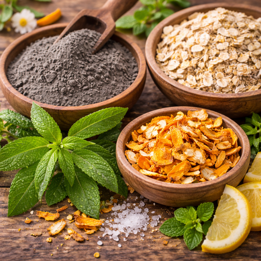 Three wooden bowls with different ingredients on a wooden surface, including a spoonful of gray powder, oats, and a mixture of orange and white flakes.