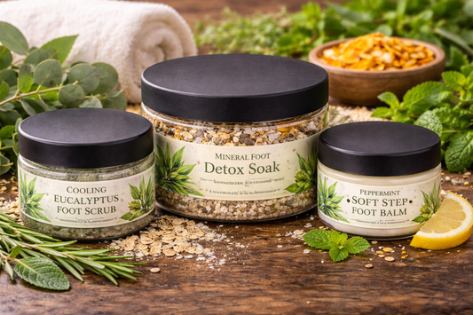 Three foot care products on a wooden surface with herbs and a lemon.