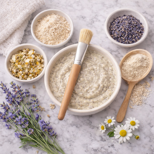 Bowl of homemade face mask with ingredients and tools on a marble surface