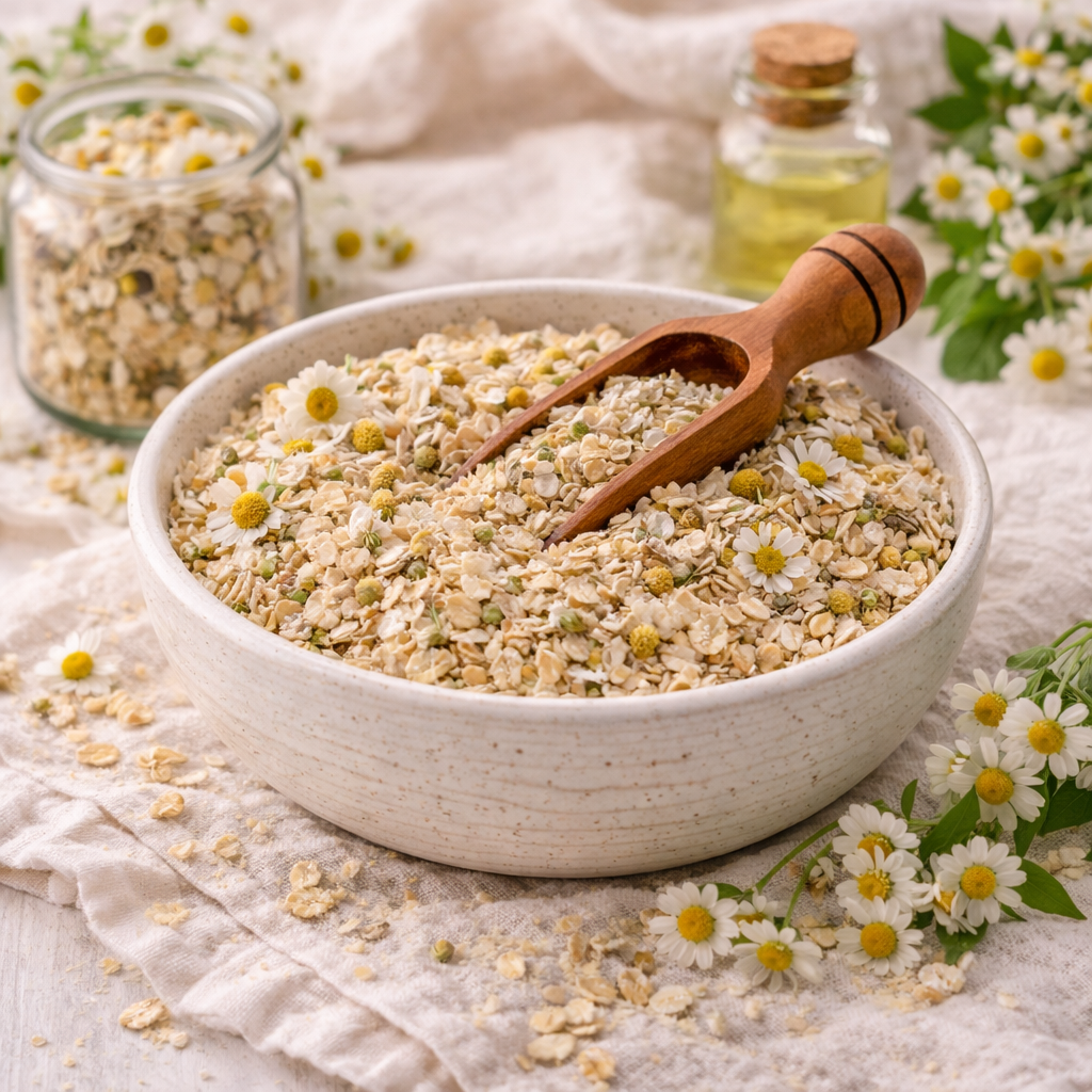 Bowl of dried herbs with a wooden scoop on a light background with flowers.