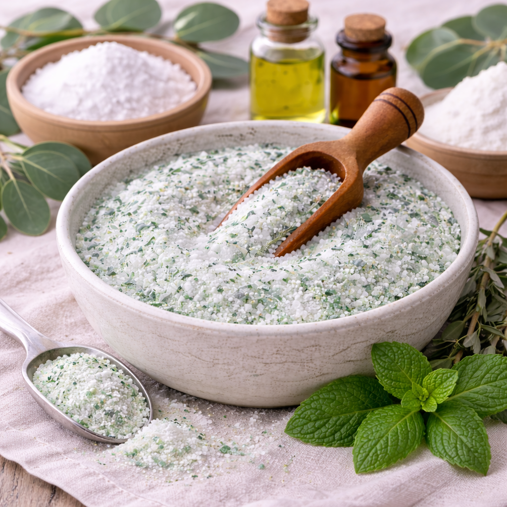 Bowl of herbal bath salt with a wooden scoop, surrounded by mint leaves and essential oils on a light background.