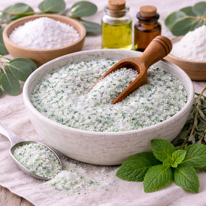 Bowl of herbal bath salt with a wooden scoop, surrounded by mint leaves and essential oils on a light background.