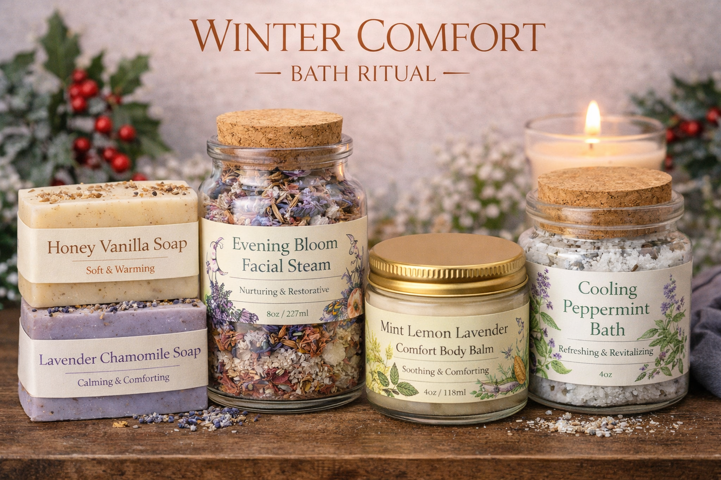 Collection of bath products including soap, facial steam, balm, and bath salts with 'Winter Comfort Bath Ritual' text.