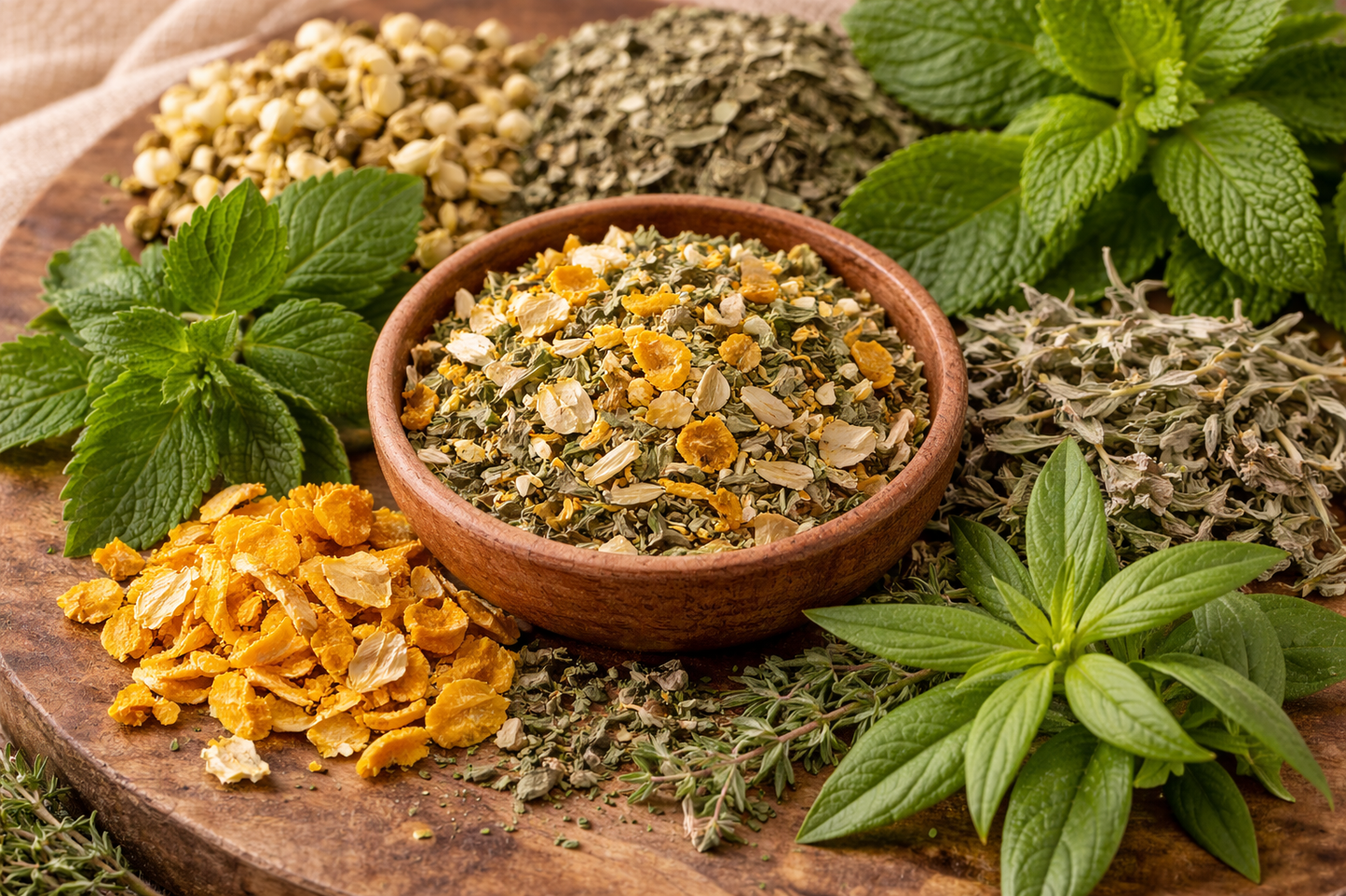 Herbal ingredients including a bowl of dried herbs surrounded by fresh green leaves on a wooden surface.