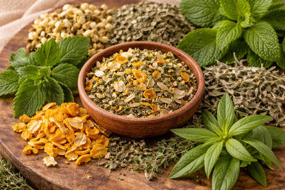 Herbal ingredients including a bowl of dried herbs surrounded by fresh green leaves on a wooden surface.