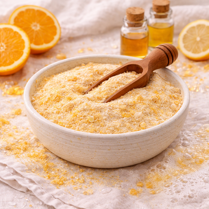 Bowl of orange powder with a wooden scoop, surrounded by oranges and honey on a light background